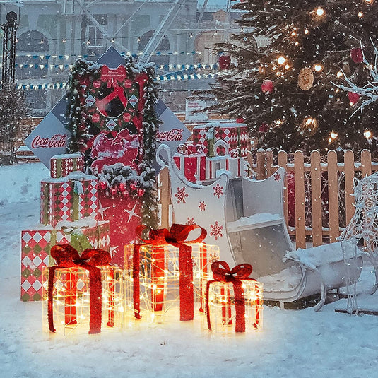 Lighted Gift Boxes Christmas Decoration, Set of 3 White Present Ornament Boxes with 60 LED Lights - GoplusUS