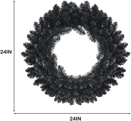 24' Black Halloween Wreath, Pre-lit Artificial Christmas Wreath - GoplusUS