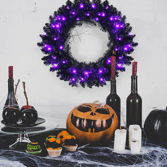 24' Black Halloween Wreath, Pre-lit Artificial Christmas Wreath - GoplusUS