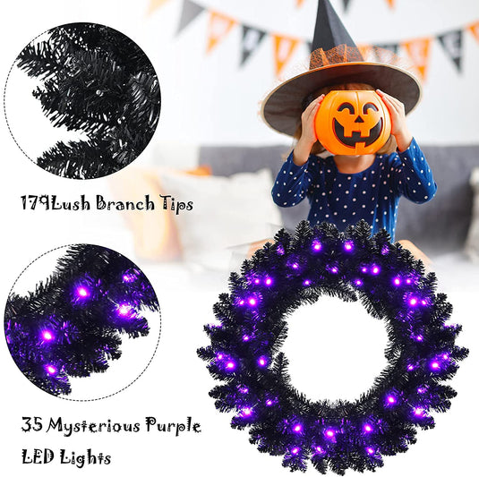24' Black Halloween Wreath, Pre-lit Artificial Christmas Wreath - GoplusUS