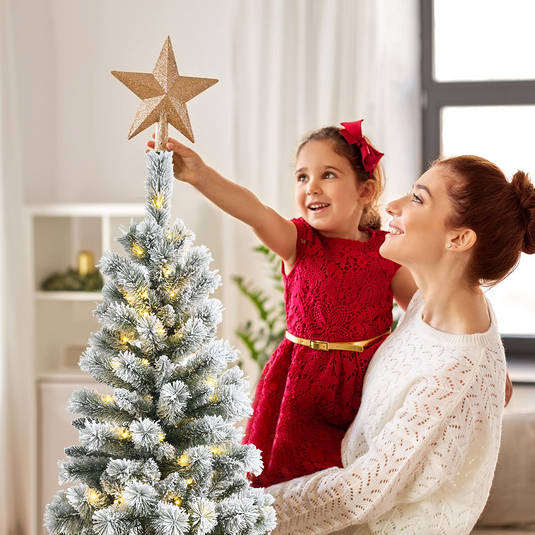 Goplus 5ft Pre-lit Snow Flocked Christmas Tree, Premium Hinged Artificial Pine Tree w/ 9 Lighting Modes & 140 Color Changing LED Lights - GoplusUS