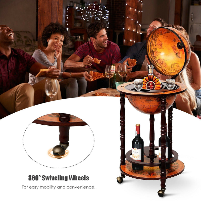 Load image into Gallery viewer, 17&quot; Wood Globe Wine Bar Stand 16th Century Italian Rack Liquor Bottle Shelf with Wheels - GoplusUS
