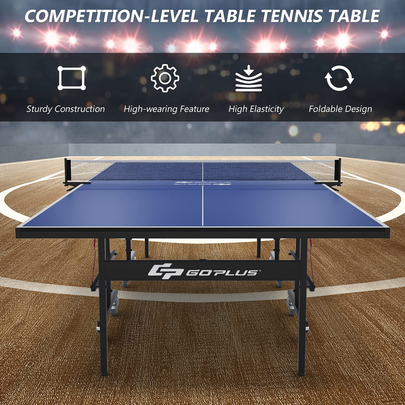 Load image into Gallery viewer, Goplus Foldable Table Tennis Table, 9&#39;x5&#39; Professional Ping Pong Table with Quick Clamp Net &amp; Post Set &amp; Wheels - GoplusUS

