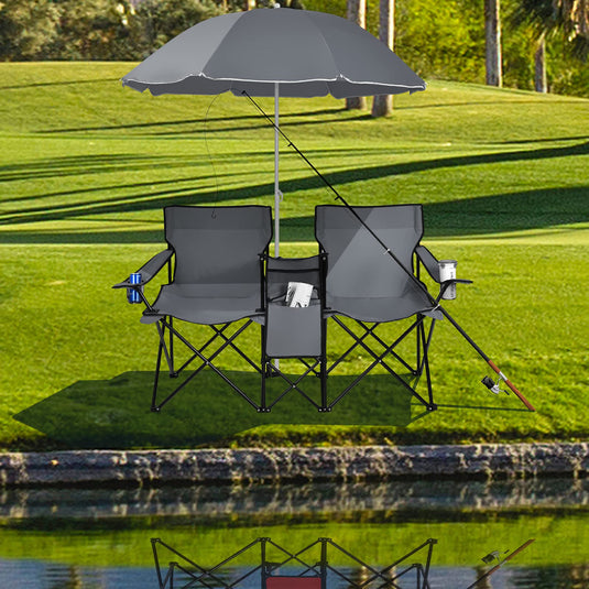 Double Folding Picnic Chairs Umbrella Mini Table Beverage Holder Carrying Bag - GoplusUS