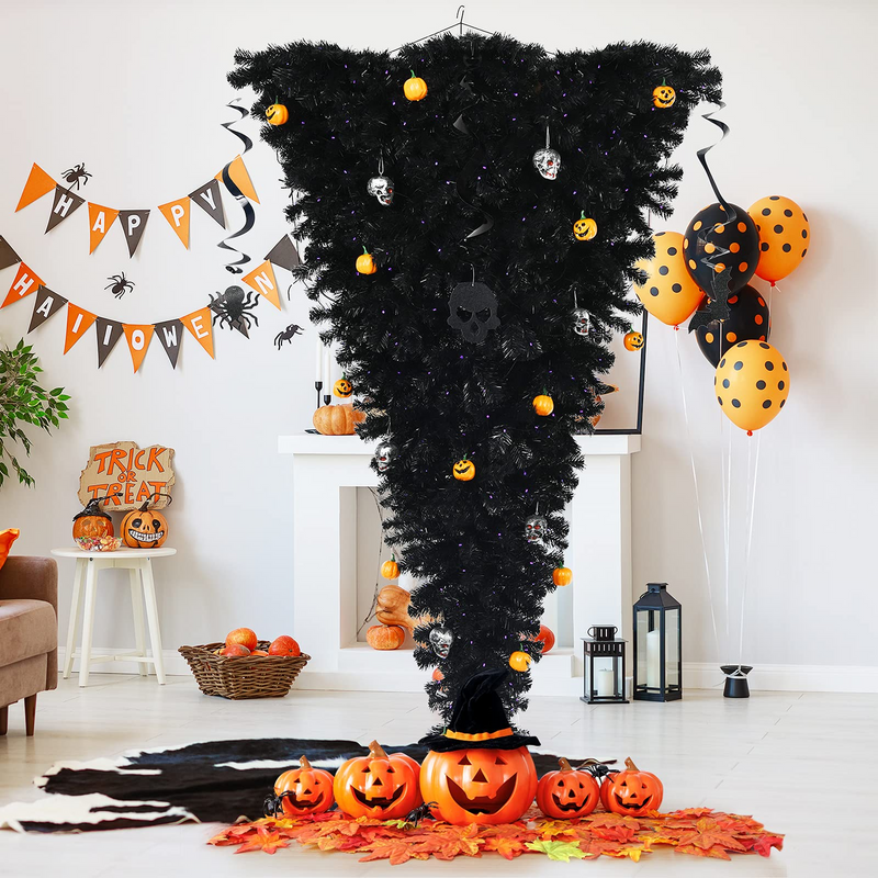 Load image into Gallery viewer, Goplus Pre-lit Black Halloween Tree, Artificial Upside Down Christmas Tree, Hinged Inverted Xmas Pine Tree - GoplusUS
