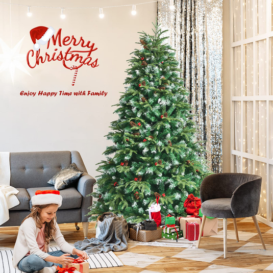 Goplus 7FT Pre-Lit Artificial Christmas Tree, Hinged Realistic Snowy Xmas Pine Tree W/ 450 Color Changing LED Lights, 11 Flash Modes - GoplusUS