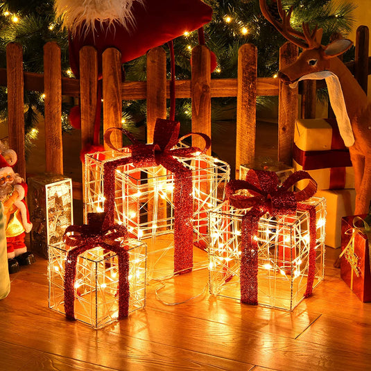 Lighted Gift Boxes Christmas Decoration, Set of 3 White Present Ornament Boxes with 60 LED Lights - GoplusUS