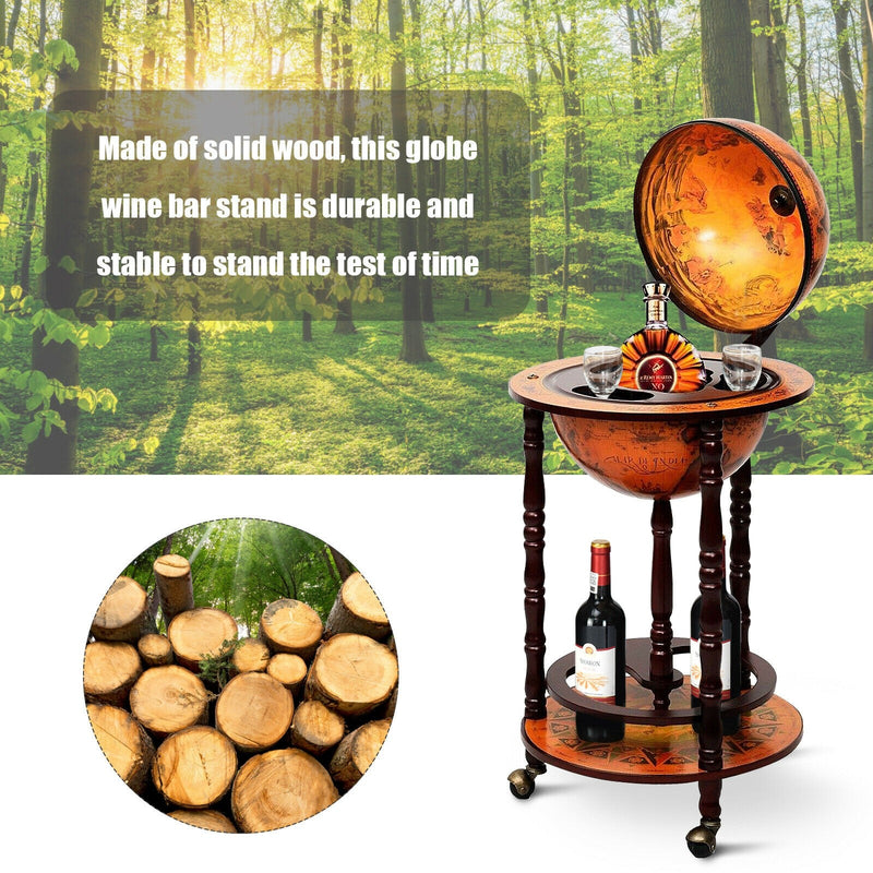 Load image into Gallery viewer, 17&quot; Wood Globe Wine Bar Stand 16th Century Italian Rack Liquor Bottle Shelf with Wheels - GoplusUS
