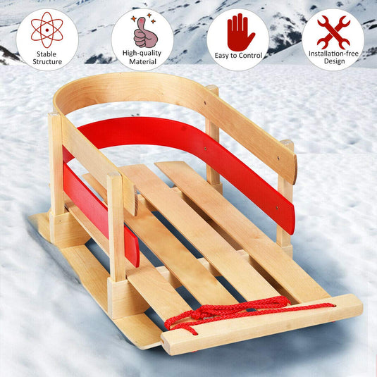 Wooden Sled, Snow Wood Sled Pull Steering Slider with Solid Wood Seat