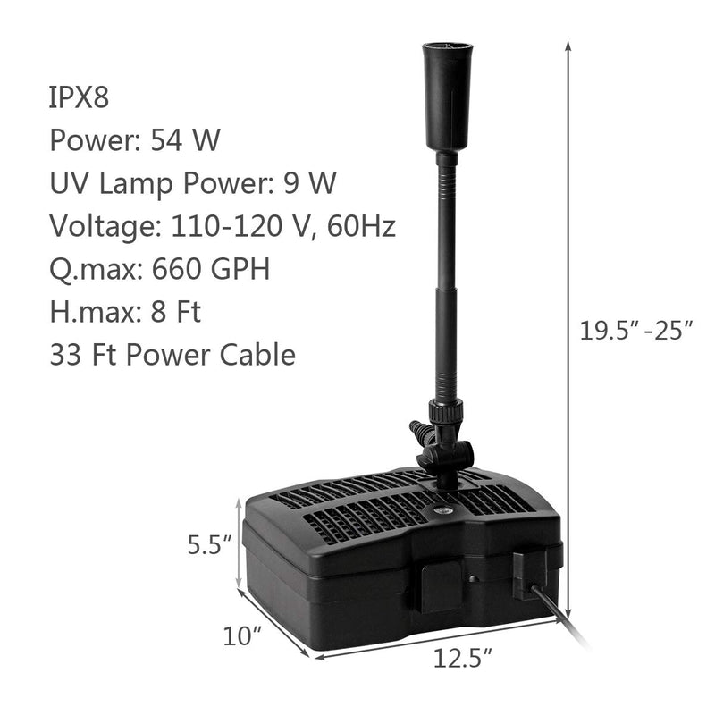 Load image into Gallery viewer, 4 in 1 Pond Filter Pump, 660 GPH Fountain Pump w/ 9-Watt Sterilizer and Fountain Jet - GoplusUS
