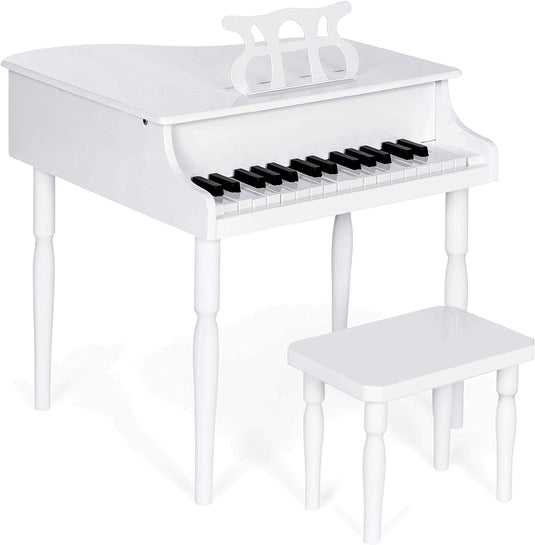 Goplus 30-Key Classical Kids Piano, Mini Grand Piano Wooden Learn-to-Play Musical Instrument Toy with Bench (4 Straight Leg-Black)
