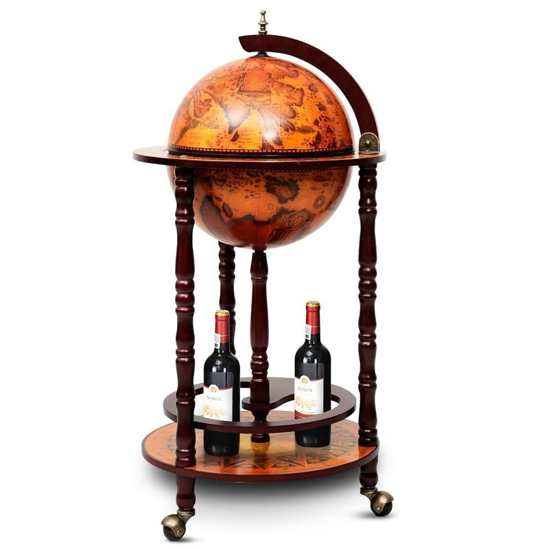 Load image into Gallery viewer, 17&quot; Wood Globe Wine Bar Stand 16th Century Italian Rack Liquor Bottle Shelf with Wheels - GoplusUS
