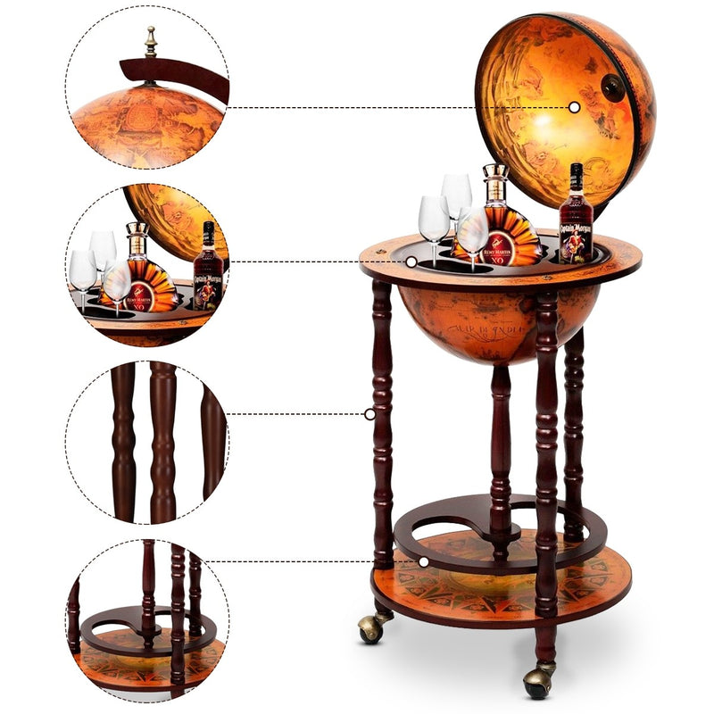 Load image into Gallery viewer, 17&quot; Wood Globe Wine Bar Stand 16th Century Italian Rack Liquor Bottle Shelf with Wheels - GoplusUS
