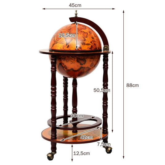 17" Wood Globe Wine Bar Stand 16th Century Italian Rack Liquor Bottle Shelf with Wheels - GoplusUS