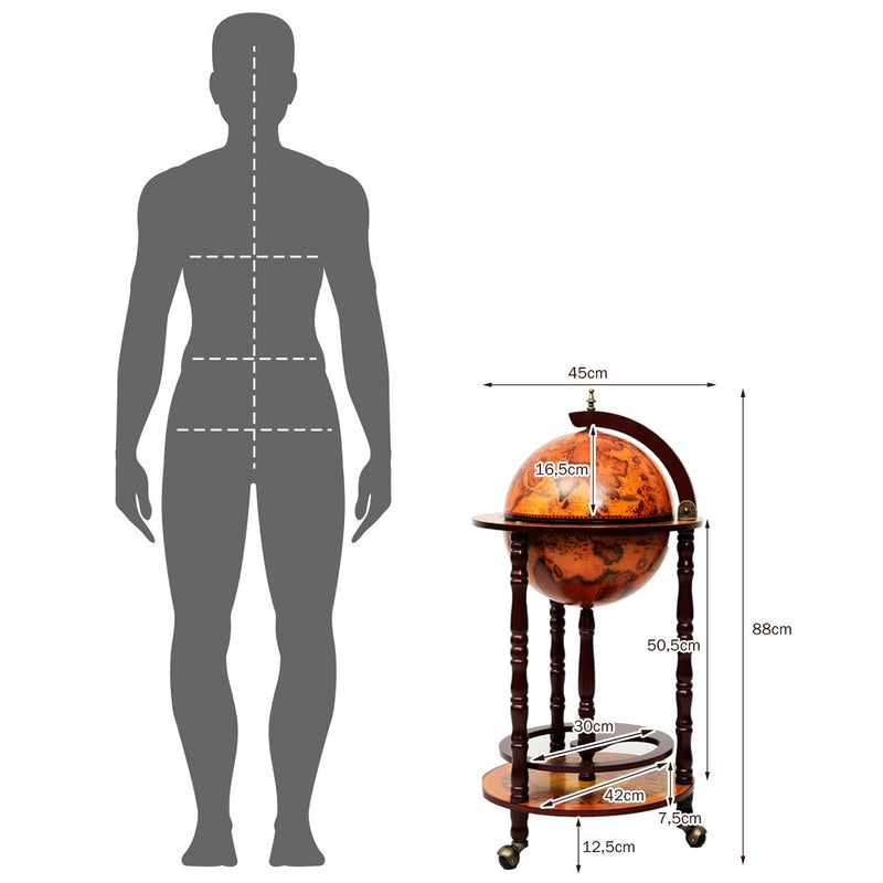 Load image into Gallery viewer, 17&quot; Wood Globe Wine Bar Stand 16th Century Italian Rack Liquor Bottle Shelf with Wheels - GoplusUS
