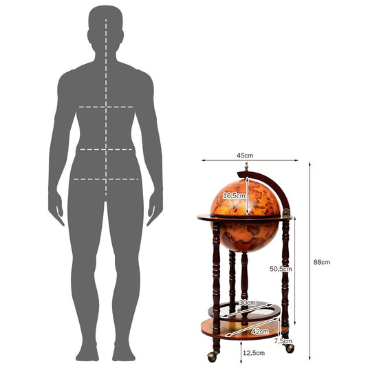 17" Wood Globe Wine Bar Stand 16th Century Italian Rack Liquor Bottle Shelf with Wheels - GoplusUS