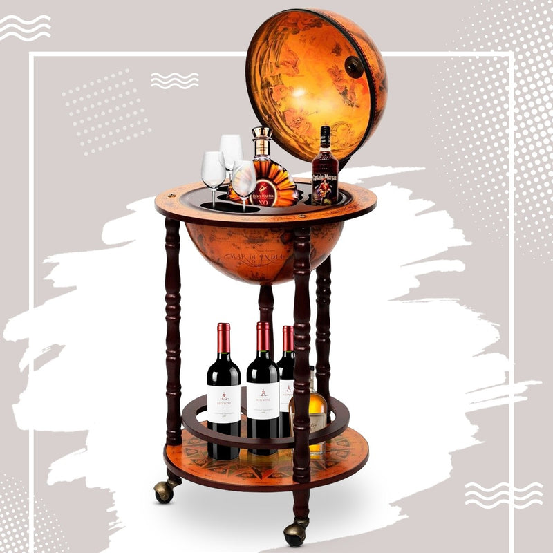 Load image into Gallery viewer, 17&quot; Wood Globe Wine Bar Stand 16th Century Italian Rack Liquor Bottle Shelf with Wheels - GoplusUS
