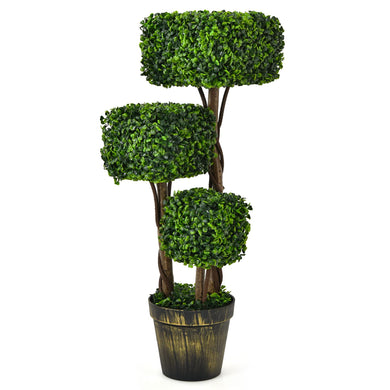 36' Artificial Triple Square Shaped Boxwood Topiary Tree W/ Cement-Filled Plastic Pot - GoplusUS
