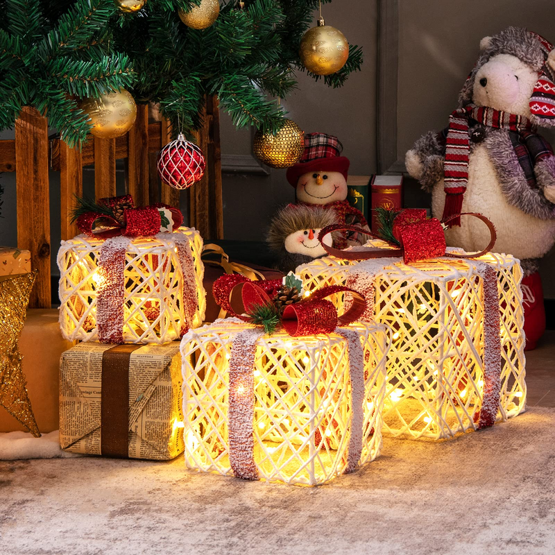Load image into Gallery viewer, Lighted Gift Boxes Christmas Decoration, Set of 3 White Present Ornament Boxes with 60 LED Lights - GoplusUS
