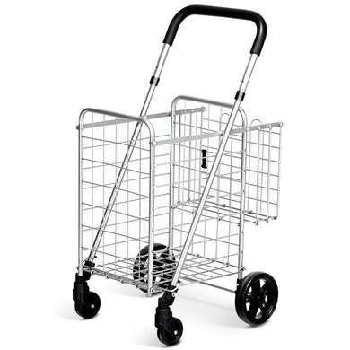 Folding Shopping Utility Cart, Double Basket and 360 Swivel Wheels, Adjustable Handle - GoplusUS