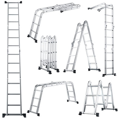 Goplus 12.2 FT Folding Step Ladder, 7-in-1 Multiposition Aluminium Extension Ladder with Reinforced Stabilizer Bar & Non-Slip Foot Pads - GoplusUS