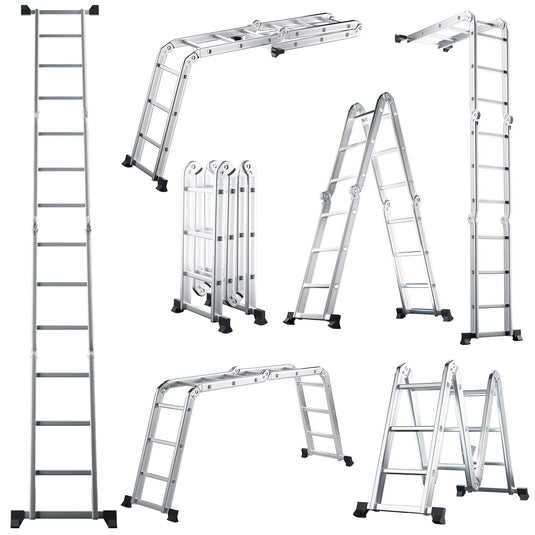 Goplus 12.2 FT Folding Step Ladder, 7-in-1 Multiposition Aluminium Extension Ladder with Reinforced Stabilizer Bar & Non-Slip Foot Pads - GoplusUS