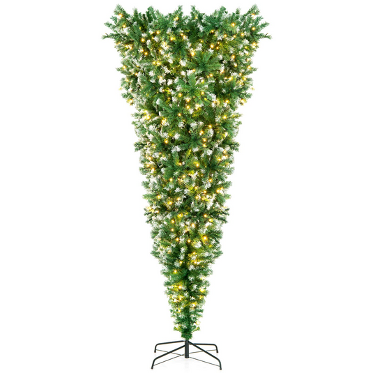 Goplus 7.5ft Pre-lit Upside Down Christmas Tree, Hinged Inverted Artificial Xmas Tree W/ 1100 Snowy Branch Tips - GoplusUS