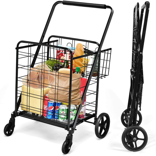 Folding Shopping Cart, Jumbo Double Basket Utility Grocery Cart 330lbs Capacity with 360 degree Rolling Swivel Wheels - GoplusUS