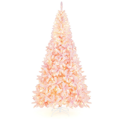 Goplus 7.5ft Pink Pre-Lit Christmas Tree, Hinged Artificial Snow Flocked Xmas Tree with 1100 PVC Branch Tips, 450 LED Lights - GoplusUS