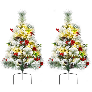Goplus 2FT Pathway Christmas Trees Set of 2, Pre-Lit Snow Flocked Xmas Trees with 30 Warm White LED Lights - GoplusUS