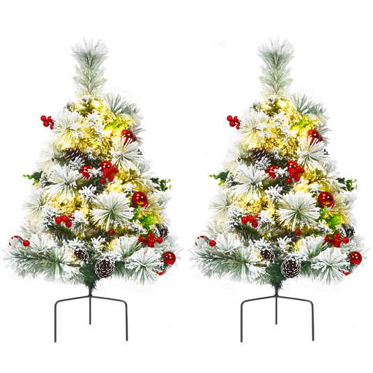 Goplus 2FT Pathway Christmas Trees Set of 2, Pre-Lit Snow Flocked Xmas Trees with 30 Warm White LED Lights - GoplusUS
