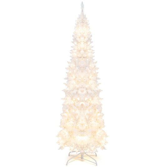 Goplus 7ft White Pre-Lit Pencil Christmas Tree, Artificial Hinged Slim Tree with 800 Tips, 300 Warm White Lights - GoplusUS