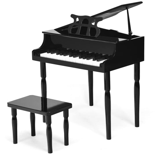 Goplus 30-Key Classical Kids Piano, Mini Grand Piano Wooden Learn-to-Play Musical Instrument Toy with Bench (4 Straight Leg-Black)
