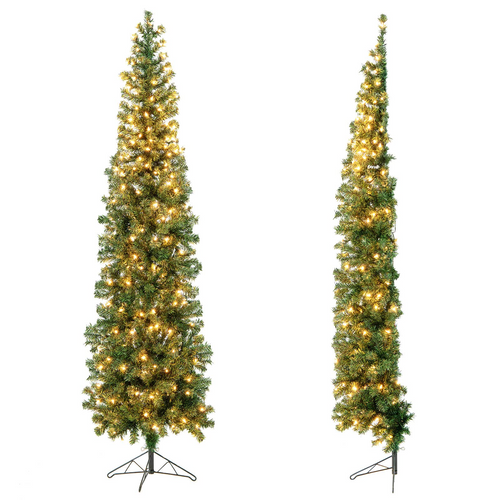 Goplus 7ft Prelit Half-Shape Christmas Tree, Space-Saving Slender Artificial Xmas Tree with 150 LED Lights - GoplusUS
