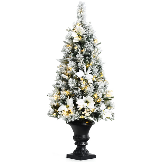 Goplus Flocked White Christmas Tree for Entrances, Pre-lit Artificial Xmas Tree w/ Warm White LED Lights - GoplusUS