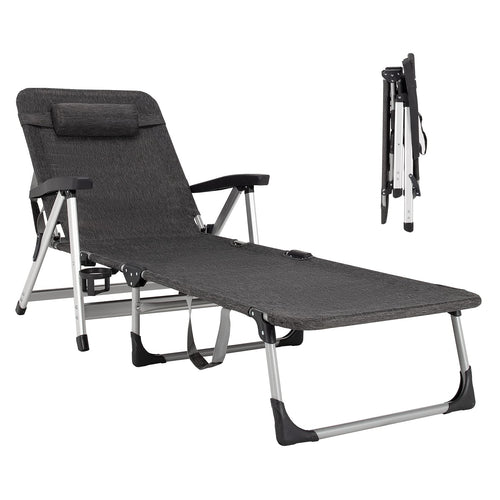 Chaise Lounge Chair, Folding Outdoor Patio Lounger with Cup Holder & Detachable Headrest - GoplusUS