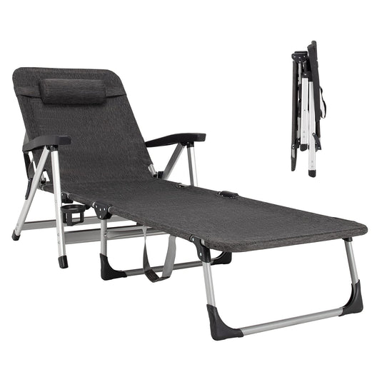 Chaise Lounge Chair, Folding Outdoor Patio Lounger with Cup Holder & Detachable Headrest - GoplusUS