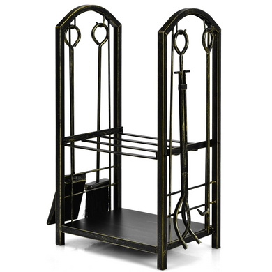 Goplus Firewood Rack with 4 Fireplace Tools, Wrought Iron Log Holders with Poker - GoplusUS