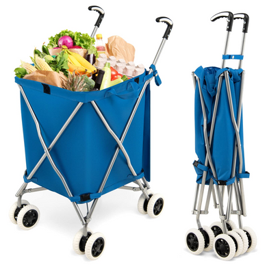 Goplus Folding Shopping Cart with Wheels, Grocery Cart with Removable Oxford Cloth Liner - GoplusUS