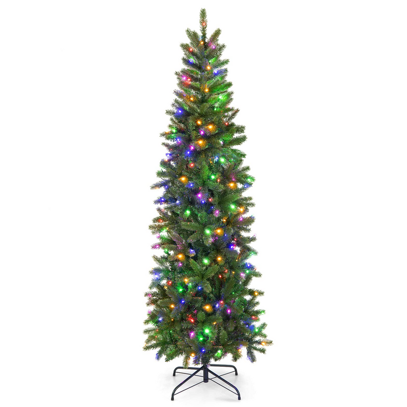 Load image into Gallery viewer, Goplus 6ft / 7ft Pre-Lit Pencil Christmas Tree, Hinged Artificial Slim Tree with 648 PVC PE Branch Tips - GoplusUS

