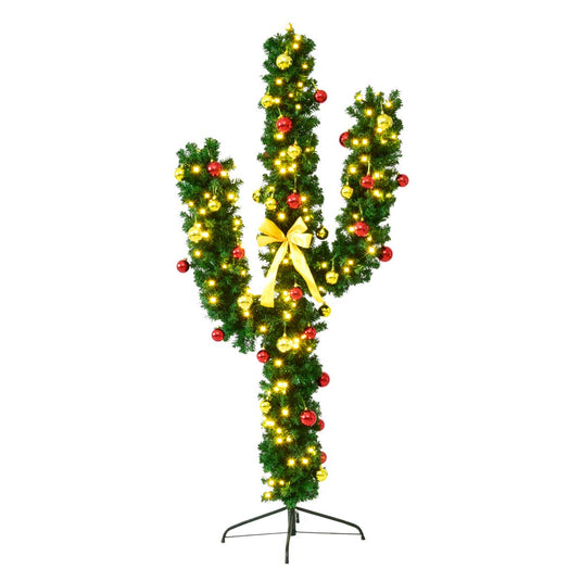 Goplus Pre-Lit Artificial Cactus Christmas Tree with LED Lights and Ball Ornaments - GoplusUS