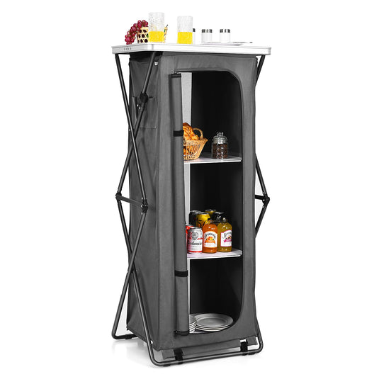 Goplus Folding Camping Storage Cabinet, Pop Up Outdoor Camping Kitchen Station with Large 3-Tier Storage Organizer - GoplusUS