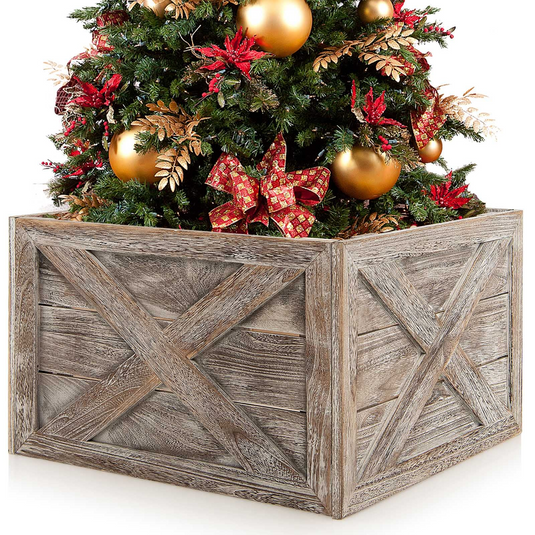 Goplus Wooden Tree Collar Box, 100% Solid Wood Farmhouse Tree Box, Rustic Christmas Tree Skirt - GoplusUS