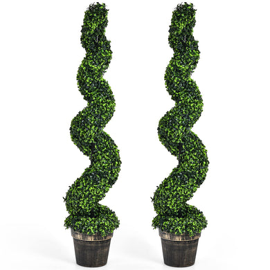 4FT Artificial Spiral Boxwood Topiary Tree Set of 2, Faux Decorative Plants in Cement-Filled Plastic Pot - GoplusUS