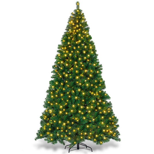 Goplus 9ft Artificial Pre-lit Christmas Tree Premium Spruce Hinged Tree with 700 LED Lights and Solid Metal Stand - GoplusUS