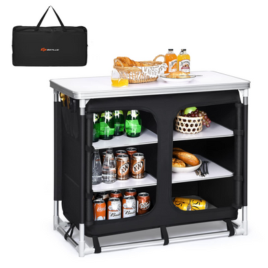 Goplus Camping Table with Storage, Aluminum Portable Camp Kitchen Cabinet Table with Carrying Bag - GoplusUS