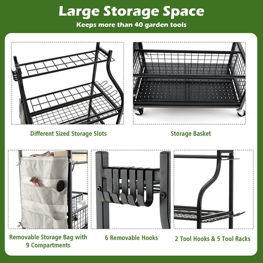 Goplus Garden Tool Organizer, 3-Tier Garage Tool Storage Cart w/Removable Hooks