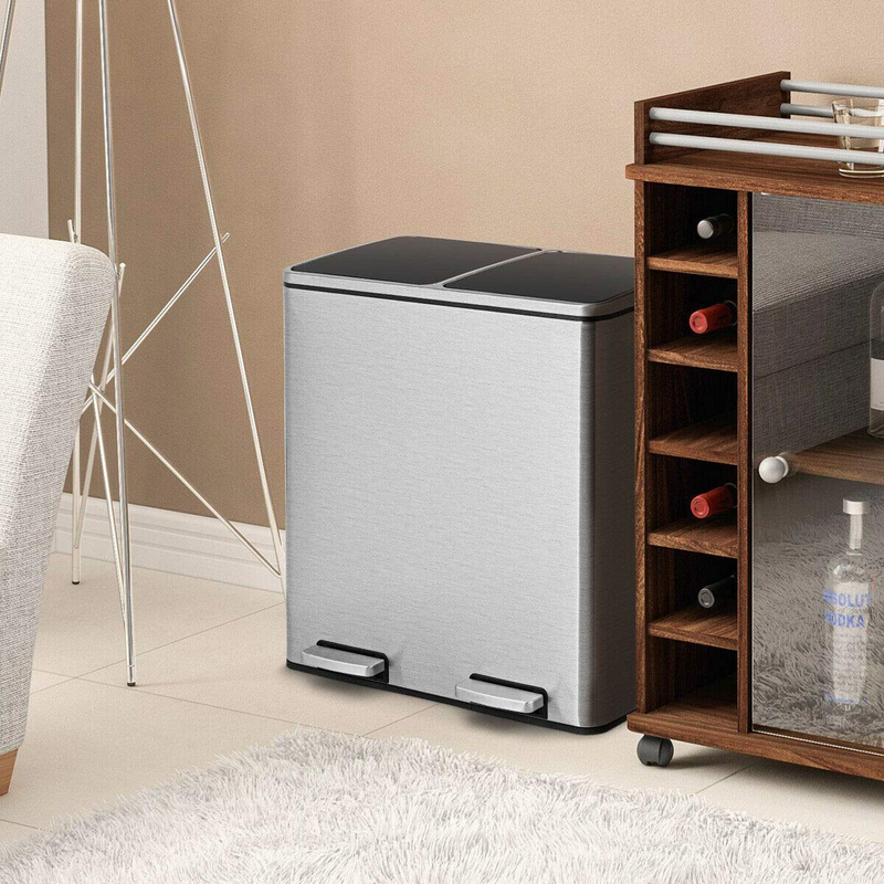Load image into Gallery viewer, Goplus Dual Trash Can, 60 Liter (2x30L)/ 16 Gallon Stainless Steel Step Trash Can - GoplusUS
