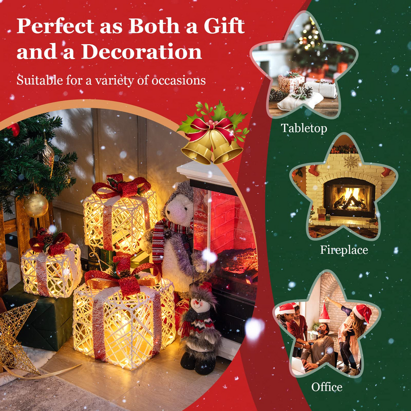 Load image into Gallery viewer, Lighted Gift Boxes Christmas Decoration, Set of 3 White Present Ornament Boxes with 60 LED Lights - GoplusUS
