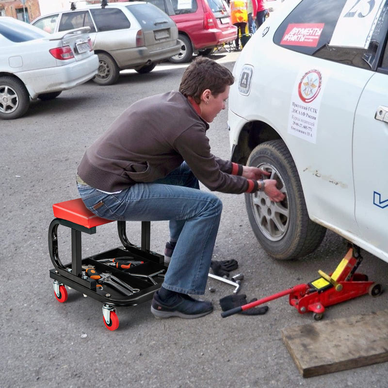 Load image into Gallery viewer, Goplus Mechanic Stool, Rolling Creeper Seat with Cushioned Seat, 4 Universal Wheels, Classified Tool Tray

